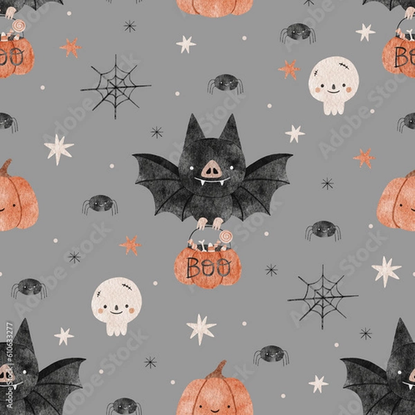 Fototapeta Halloween watercolor seamless pattern background design with pumpkin, bat, skull, spider, and other scary or festive elements on gray background.