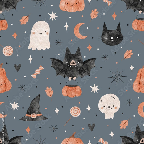 Fototapeta Halloween watercolor seamless pattern background design with pumpkin, ghostl, spider, and other scary or festive elements.