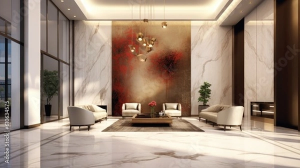 Fototapeta A sleek and sophisticated business office lobby with a grand entrance - Generative ai