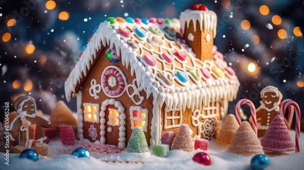 Obraz A close-up shot of a perfectly decorated gingerbread house with colorful candies and icing details - Generative ai