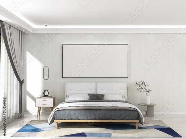 Obraz Interior living room with bed and mock up frame. Scandinavian design. 3D render