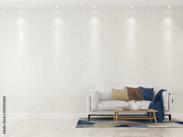 Obraz Interior living room with sofa and decorations. Scandinavian design. 3D render