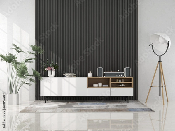 Fototapeta living room interior with wooden sideboard 3D rendering