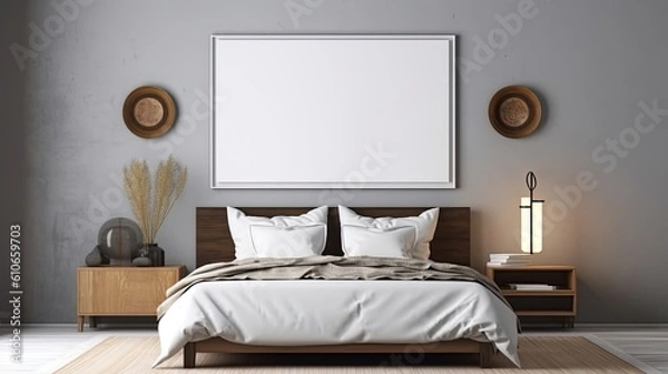 Fototapeta Beautiful interior bedroom with an empty frame for mock up