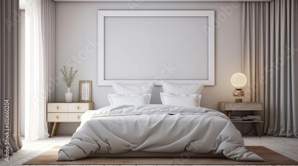 Fototapeta Beautiful interior bedroom with an empty frame for mock up