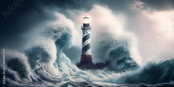 Fototapeta A luminous ancient sea lighthouse against the backdrop of huge waves and a raging sea during a storm. Generative AI