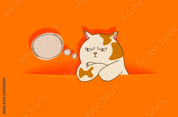 Obraz Hiding out spotty angry cat head sticks out of hole and empty quote bubble on orange background