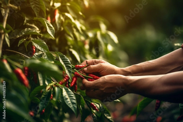 Obraz harvesting red hot chili peppers, generative ai