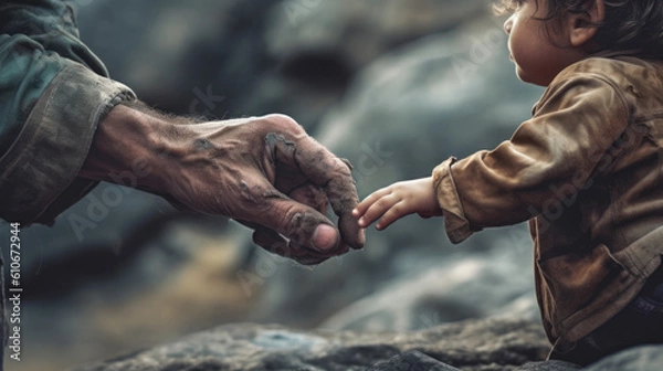 Fototapeta Heartwarming Moment of an Elder Man Holding the Hand of a Child. Portrays Protection, Love, Affection, and Support. With Licensed Generative AI Technology Assistance.