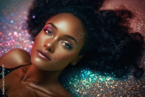 Fototapeta Beautiful black woman with glitter makeup lies on a lot of colorful rhinestones and sequins. Photorealistic illustration generated by AI.