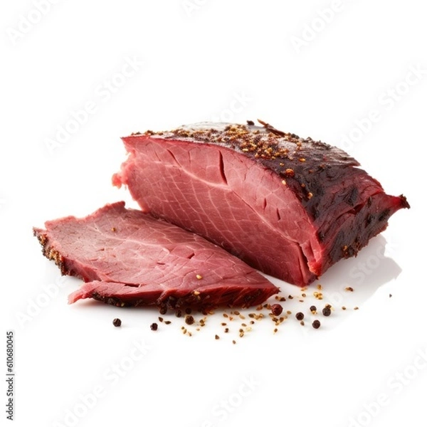 Fototapeta Pastrami meat isolated on white background. Generative AI