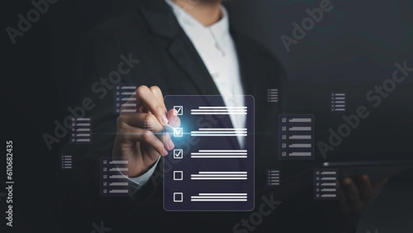 Obraz Checklist for business performance monitoring concept. Online survey filling out, digital form document template checkbox. Assessments Online exam or Business choose doing list complete.