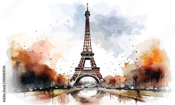 Obraz Colorful Eiffel Tower Paris France watercolor painting Abstract background.
