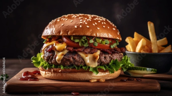 Obraz Heavenly burger, crispy fries, A divine combination on your plate. Generative AI