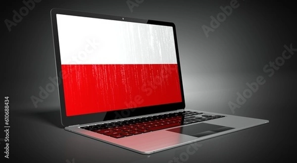Obraz Poland - country flag and binary code on laptop screen - 3D illustration