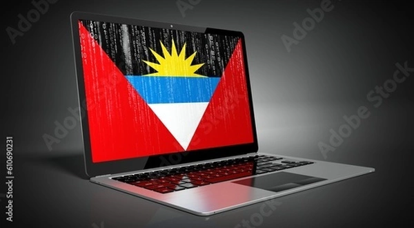 Obraz Antigua and Barbuda - country flag and binary code on laptop screen - 3D illustration