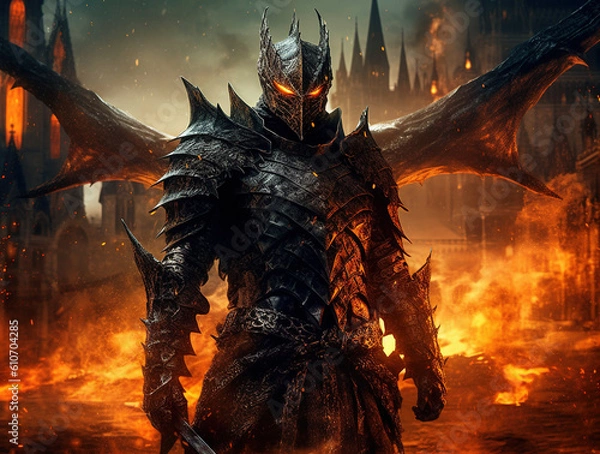 Fototapeta A knight in heavy armor with glowing eyes.