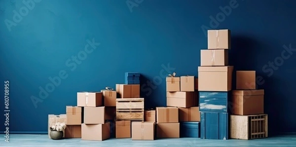 Fototapeta Empty room with stack of cartons: moving house concept, generative ai