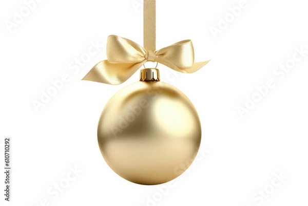 Obraz gold Christmas ball with ribbon and a bow, isolated on background. Generative AI