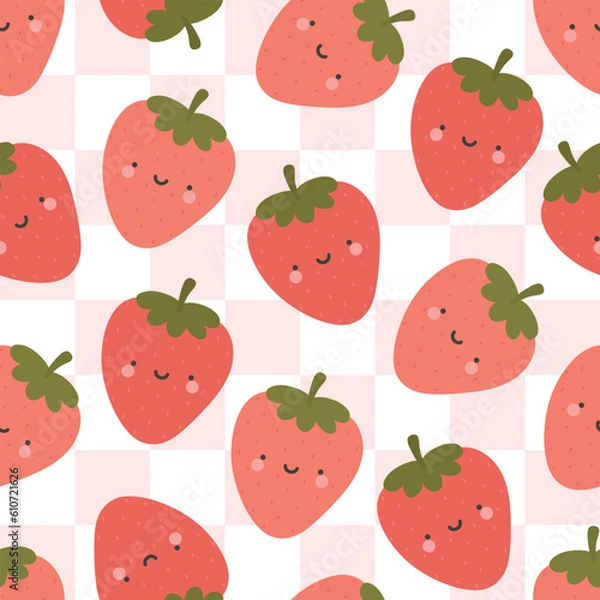 Obraz Cute strawberry fruit kawaii face seamless pattern, abstract repeated cartoon background, vector illustration