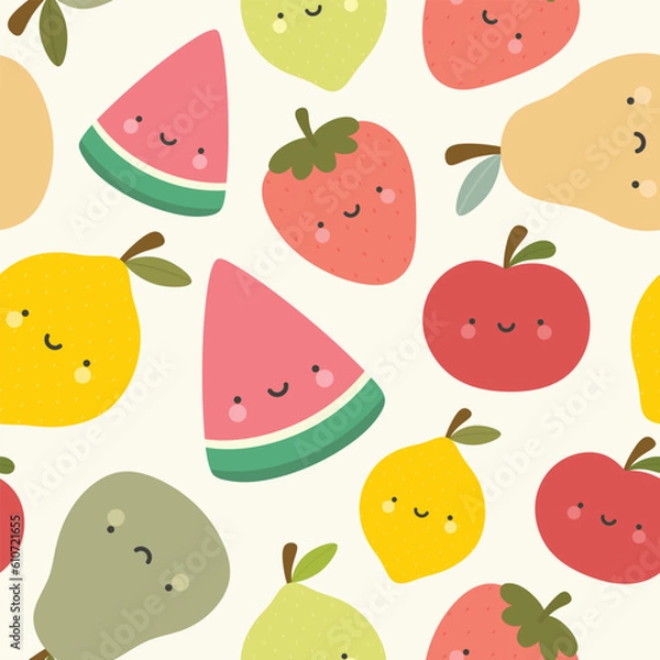 Fototapeta Cute watermelon, strawberry, lemon and pear fruit kawaii face seamless pattern, abstract repeated cartoon background, vector illustration