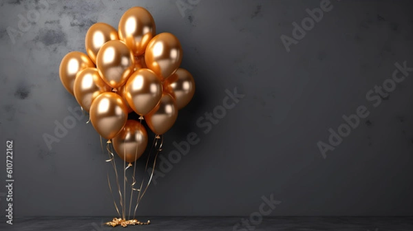 Fototapeta gold balloons bunch on a dark wall background Generative Ai