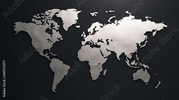 Fototapeta 3d flat world map Silver on black background Generative Ai