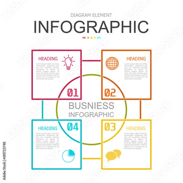Obraz square line with circle for infographic. used for process diagram, presentation, working flow, information layout, banner, chart, and graph. business concept with 4 options. data visualization.