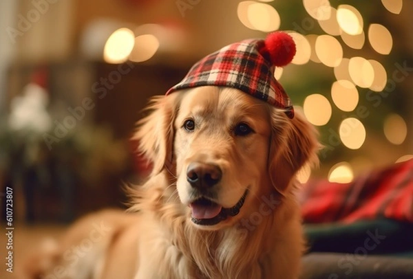 Fototapeta Christmas dog dressed in a Santa hat sits near a decorated Christmas tree on a holiday evening, generative ai