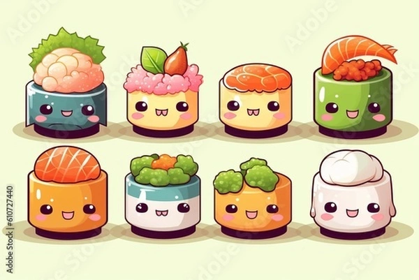 Obraz Cute sushi image kawaii colour white background, generative AI