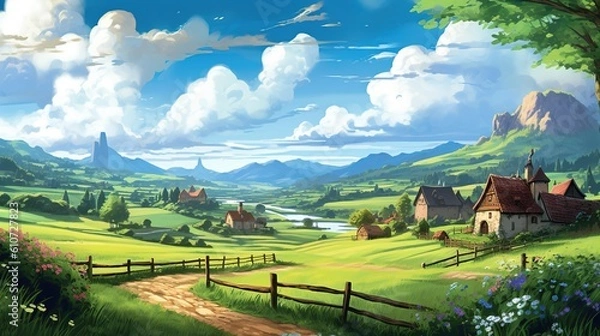 Fototapeta A scenic countryside with rolling hills and a quaint village in the distance. Fantasy concept , Illustration painting. Generative AI