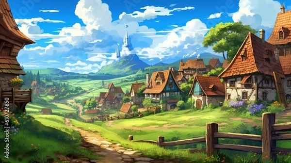Fototapeta A scenic countryside with rolling hills and a quaint village in the distance. Fantasy concept , Illustration painting. Generative AI