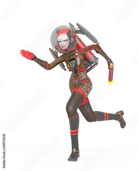 Fototapeta vintage astronaut girl is running with laser gun in her hand