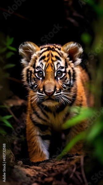 Fototapeta Witness the awe-inspiring journey of a young tiger cub as it gracefully walks through the lush forest. Immerse yourself in the captivating beauty of this fleeting moment, captured in stunning detail