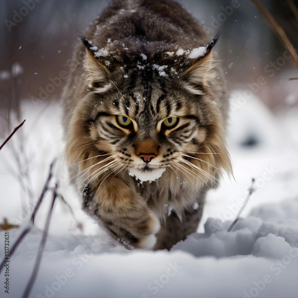 Fototapeta Enchanting and fierce: A regal Maine Coon cat gracefully traversing the snowy expanse, exuding confidence. Experience the captivating power of this majestic feline in stunning winter portraits.