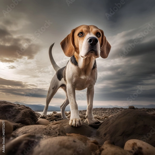 Fototapeta Unleash the captivating allure of a Beagle on rocky terrain, framed by dramatic clouds. Experience the power and emotion of this striking portraiture, perfect for adding depth to your creative project
