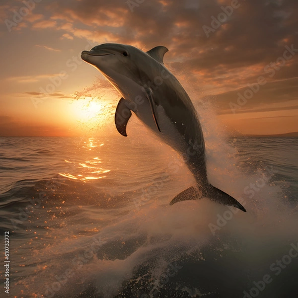 Fototapeta Experience nature's enchantment as a graceful dolphin dances with the setting sun, creating a mesmerizing moment frozen in time.