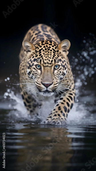 Fototapeta A jaguar gracefully glides across the water, eyes wide open, against a captivating black backdrop. Experience the awe-inspiring agility and intensity of this incredible moment.