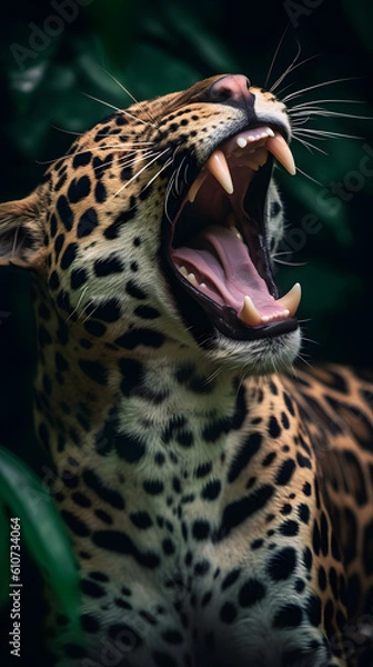 Fototapeta A roaring jaguar commands attention against a backdrop of lush green foliage. Feel the raw power and untamed presence of this captivating creature.