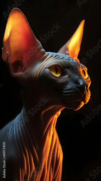 Fototapeta  sphynx cat captivates against a dark background, exuding an air of intrigue and allure. Discover the enigmatic beauty of this captivating feline.