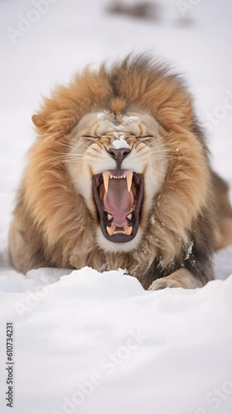 Fototapeta Roaring Majesty: A lion exudes power and majesty amidst a snowy landscape. Feel the raw intensity and awe-inspiring presence in this captivating image.
