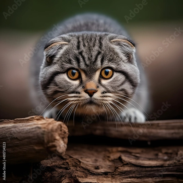 Fototapeta Behold the captivating details of a Scottish Shorthair in a stunning close-up. Discover the irresistible charm and distinctive features of this magnificent breed.