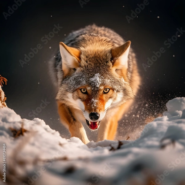 Fototapeta A coyote gracefully treads through a snowy trail on a dark winter night. Experience the mesmerizing beauty of this captivating wildlife scene.