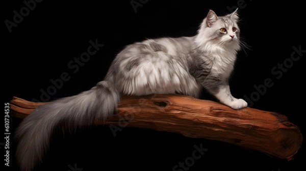 Fototapeta Elegant Contrasts: A white cat perches on a wooden branch against a black background, showcasing the captivating blend of dark silver and light brown tones. Experience the timeless beauty of this ench