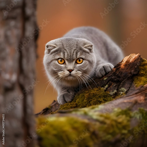 Obraz A graceful gray cat perches atop a tree in the mystical forest. Experience the tranquil beauty of this captivating feline moment.