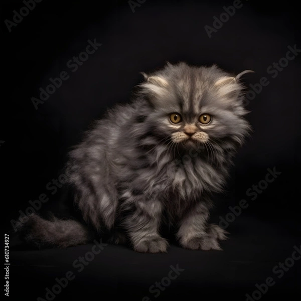 Fototapeta A grey Persian cat sits against a black background, exuding a melancholic and soulful presence. Discover the captivating charm of this poignant feline portrait.