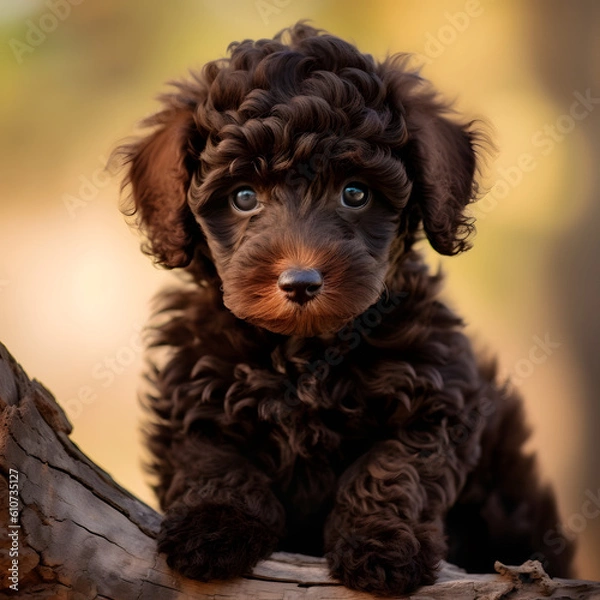 Fototapeta Nature's Delight: A small brown puppy perches on a tree branch, nestled within a serene landscape. This super cute image captures the essence of playful innocence in the embrace of nature's beauty.