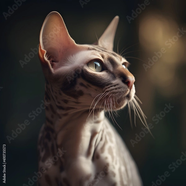 Fototapeta Behold the dramatic portrait of a Sphinx cat kitten, captivating with its mesmerizing gaze and distinctive features. Experience the enchanting allure of this feline beauty.