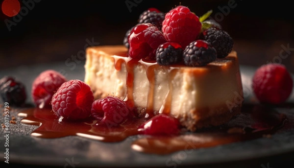 Fototapeta Raspberry cheesecake slice on rustic wood plate with whipped cream generated by AI