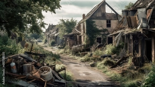 Obraz Picturesque village that has fallen into ruin, with collapsed houses, broken fences, and a sense of melancholy